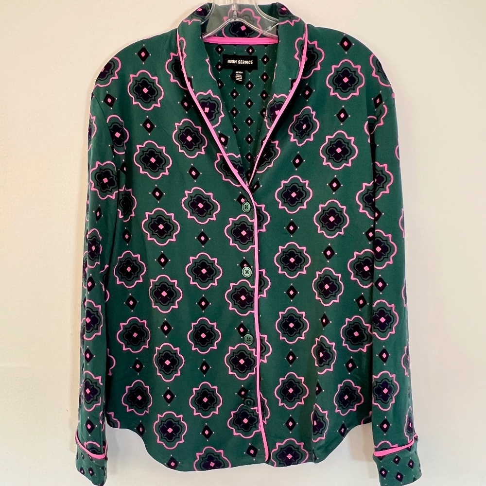 Room Service Coat Style Pajama Set Emerald Green Pink Cozy Holidays Wicked XS - Picture 2 of 14